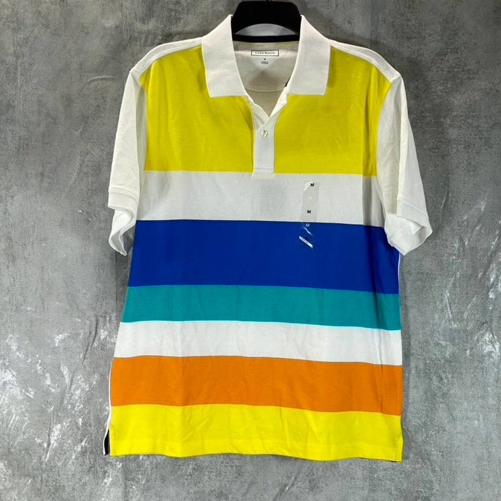 Club Room Men's Bright White Bold Stripe Short-Sleeve Polo SZ M